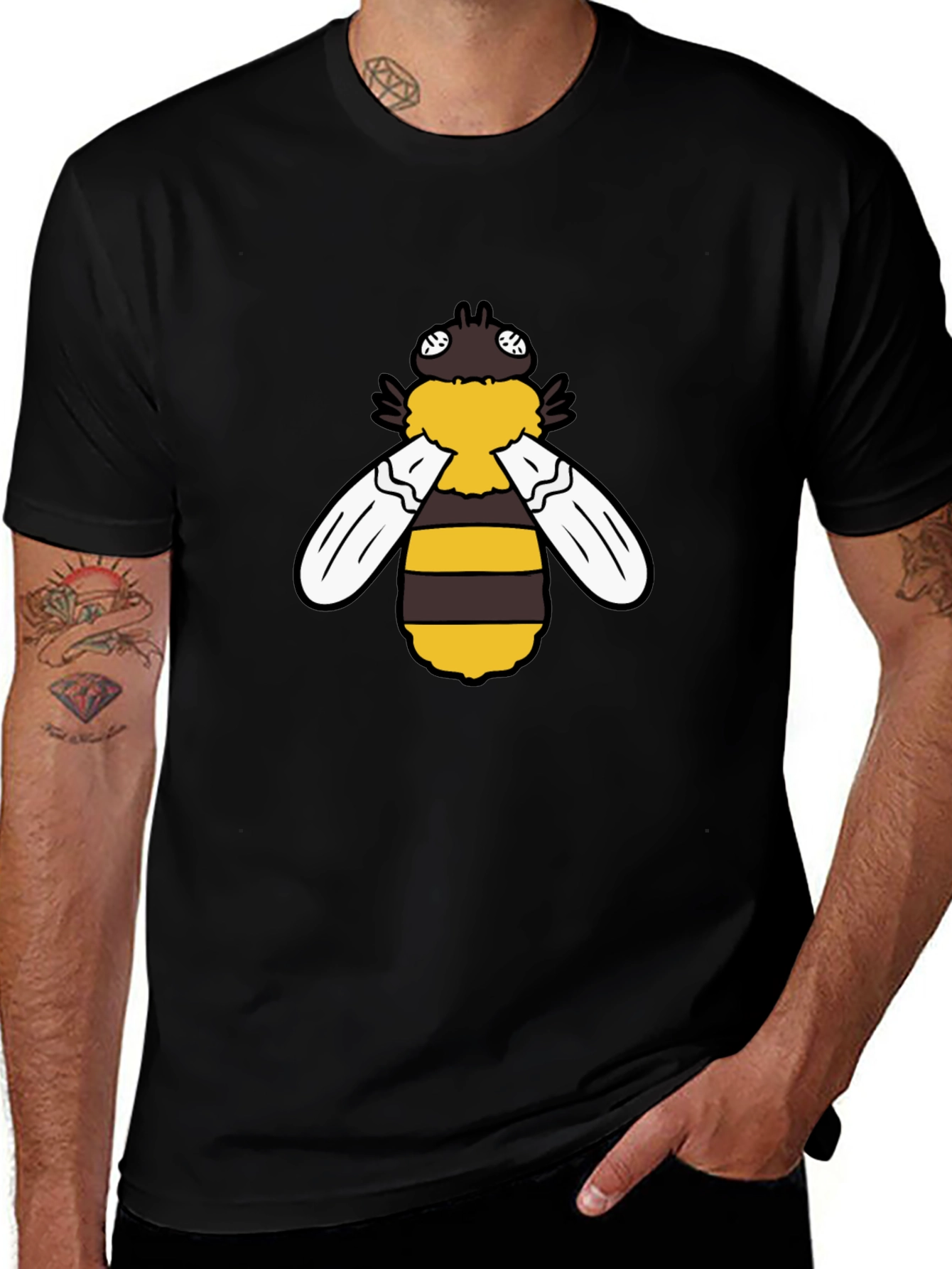 Cartoon Bee Graphic Tee - Black Short Sleeve Shirt