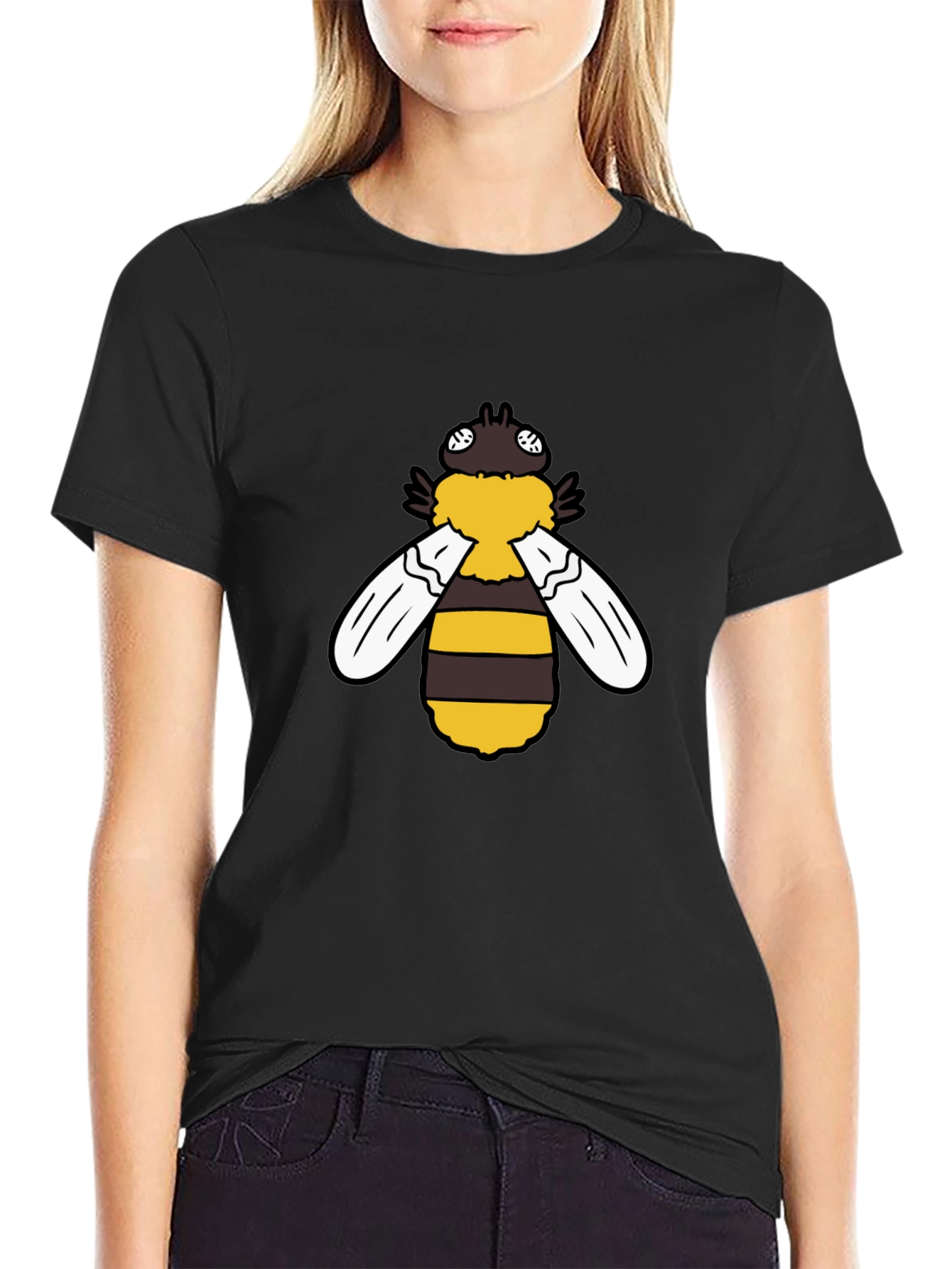 Cartoon Bee Graphic Tee - Black Short Sleeve Shirt