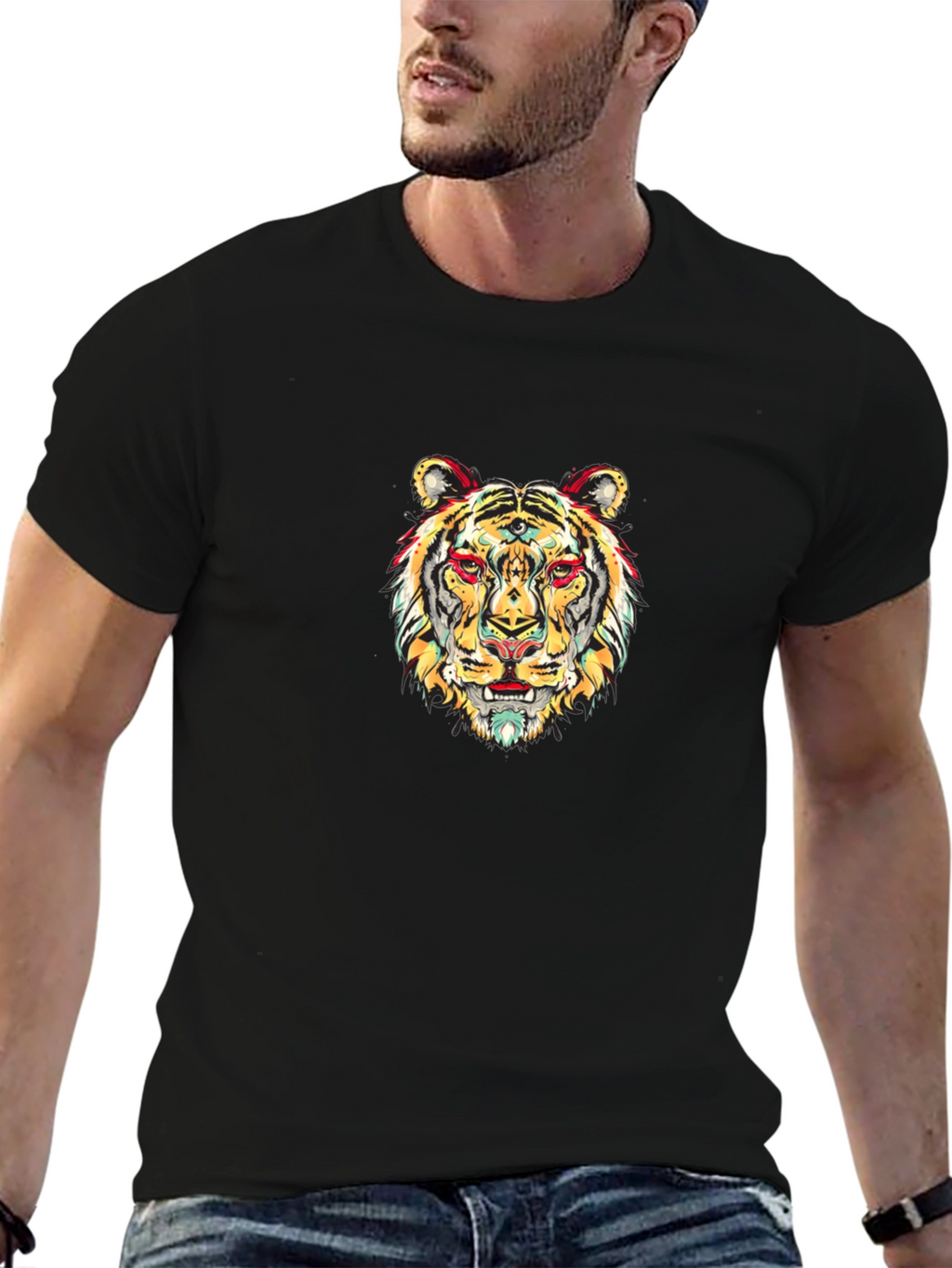 Vibrant Tiger Graphic Black T-Shirt