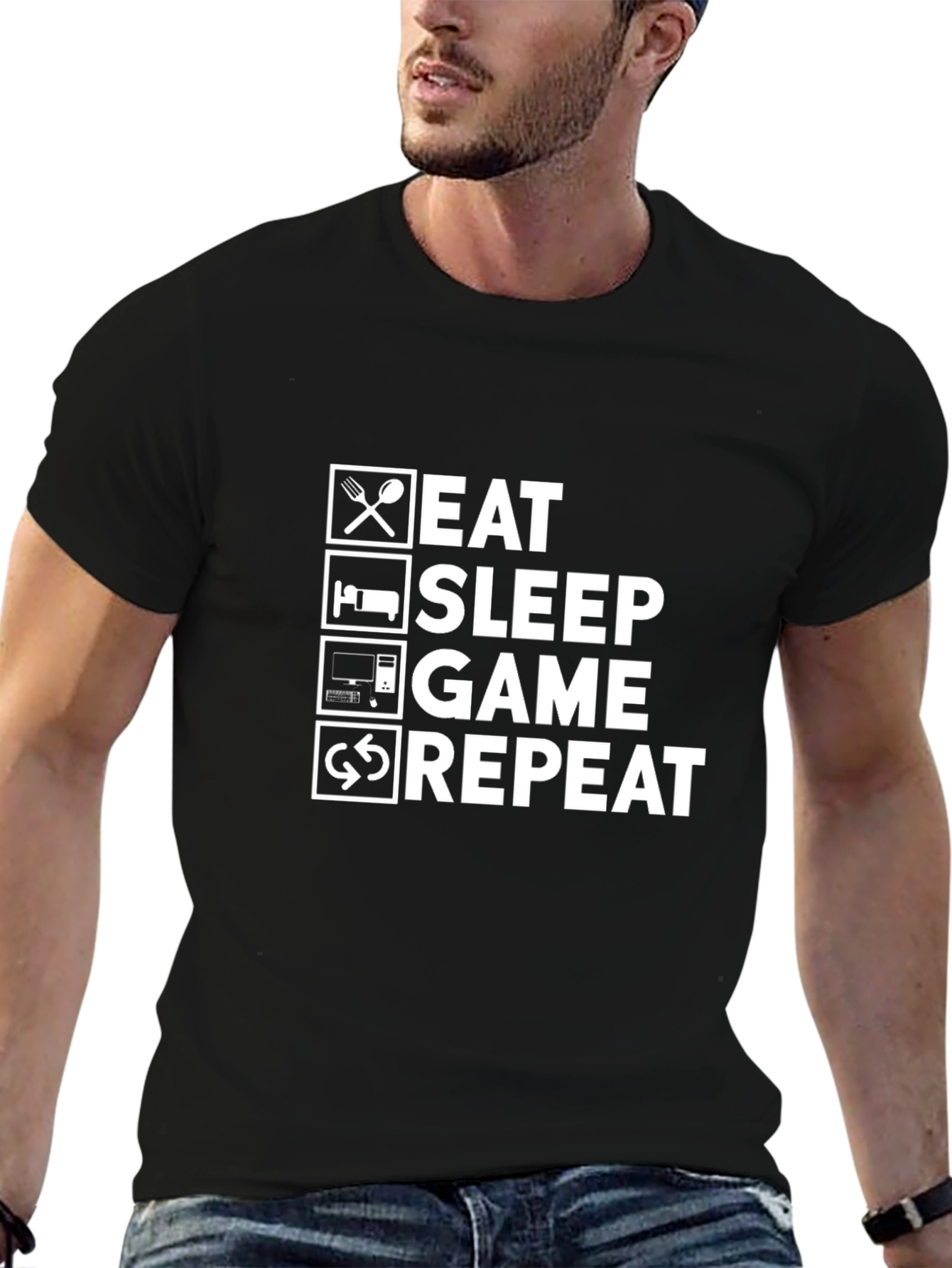 Eat Sleep Game Repeat Black Graphic T-Shirt