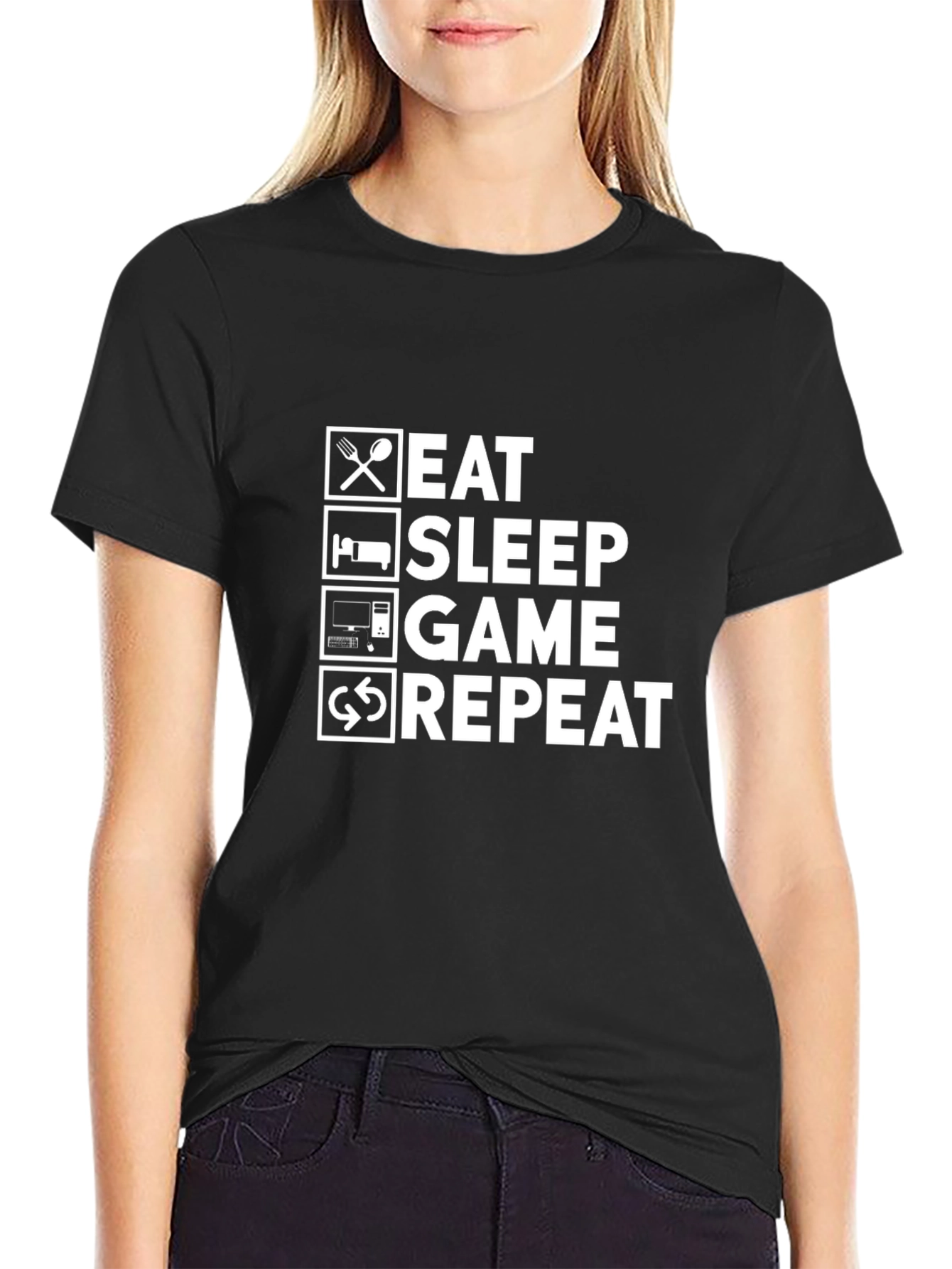 Eat Sleep Game Repeat Black Graphic T-Shirt