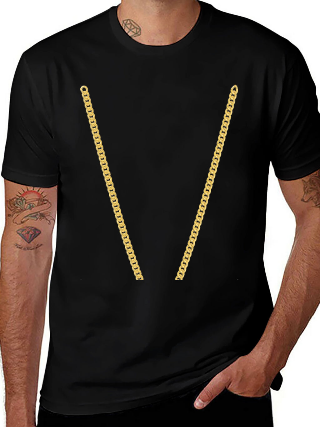Gold Chain Print Black T-Shirt