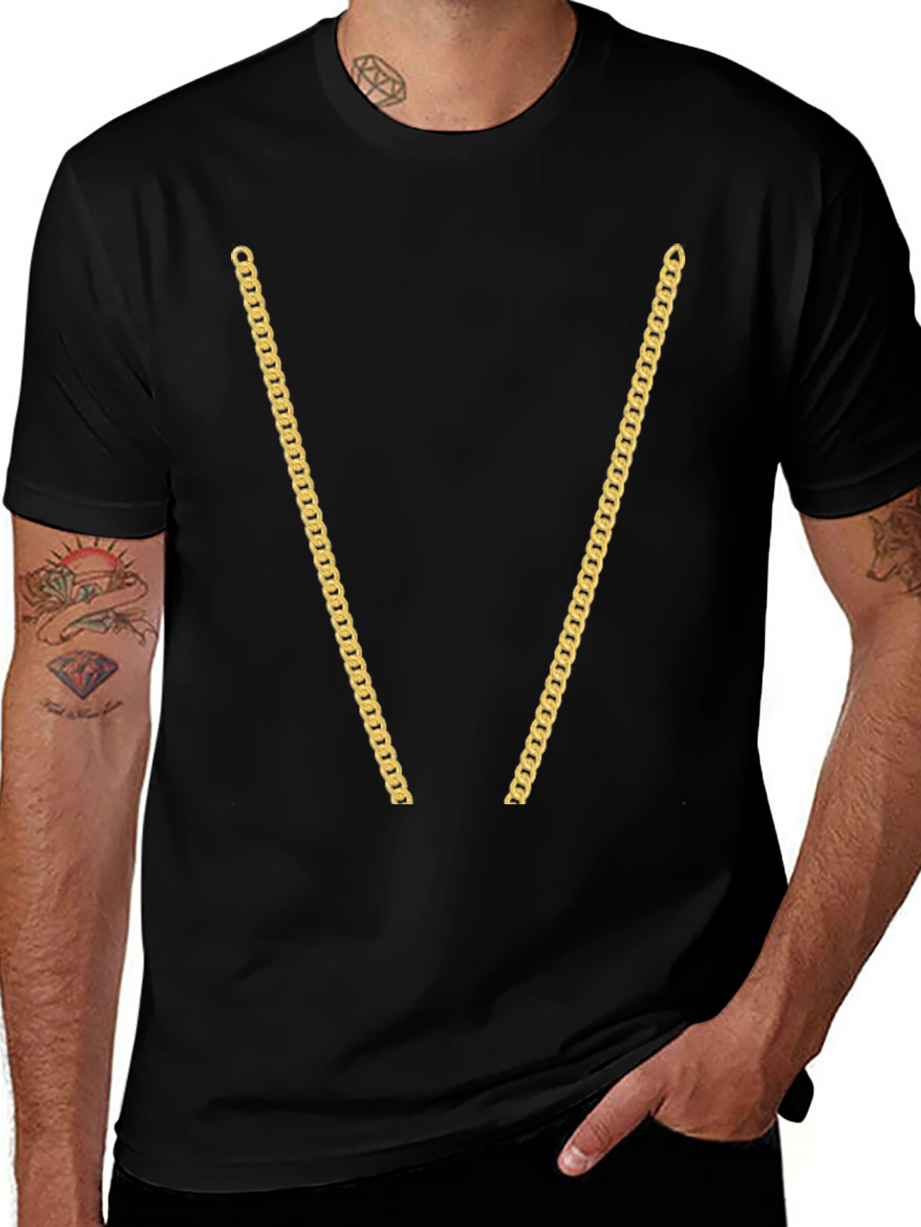 Gold Chain Print Black T-Shirt