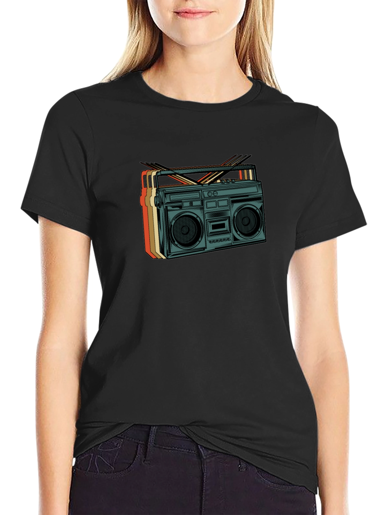 Retro Boombox Graphic Tee - Vintage Style Black T-Shirt