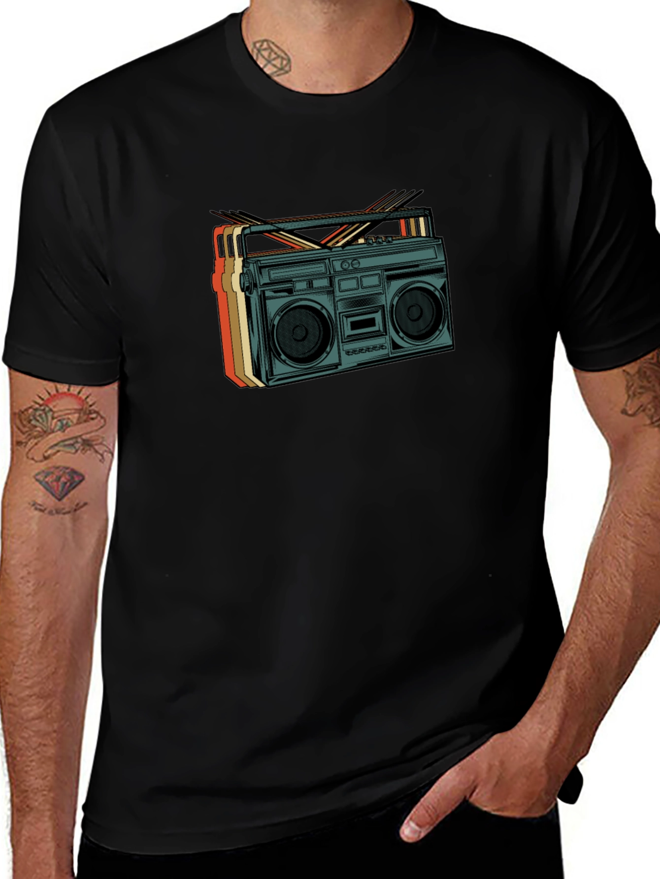 Retro Boombox Graphic Tee - Vintage Style Black T-Shirt