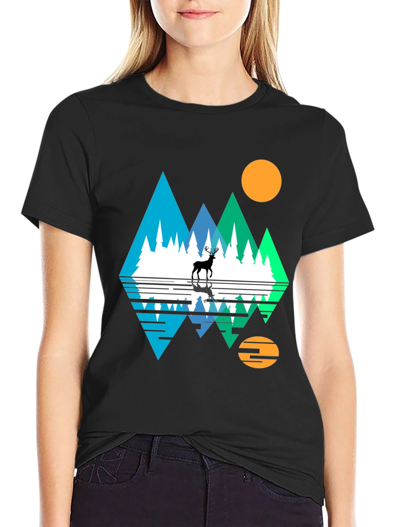 Nature Deer Graphic Tee - Black Cotton Blend