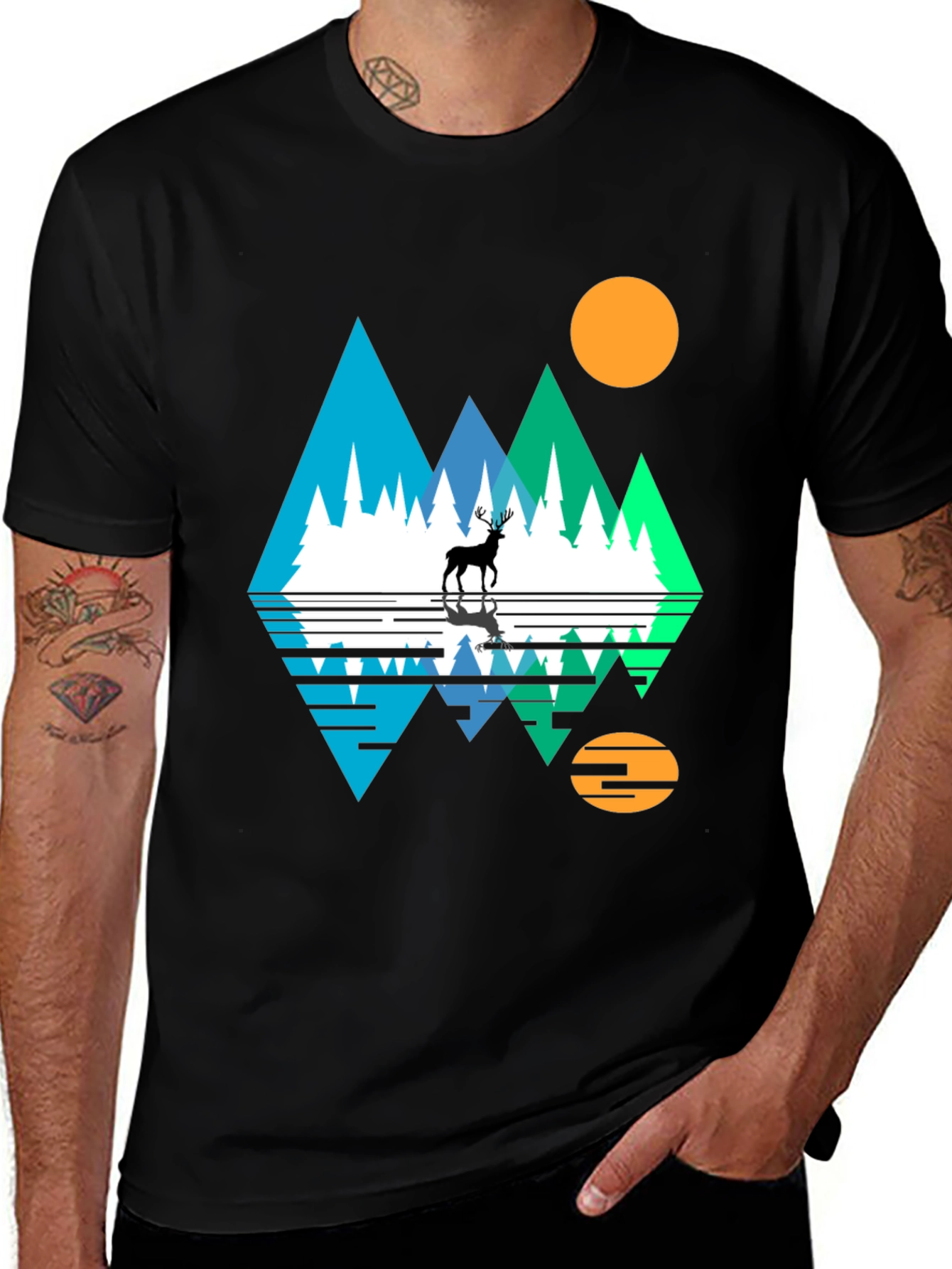 Nature Deer Graphic Tee - Black Cotton Blend