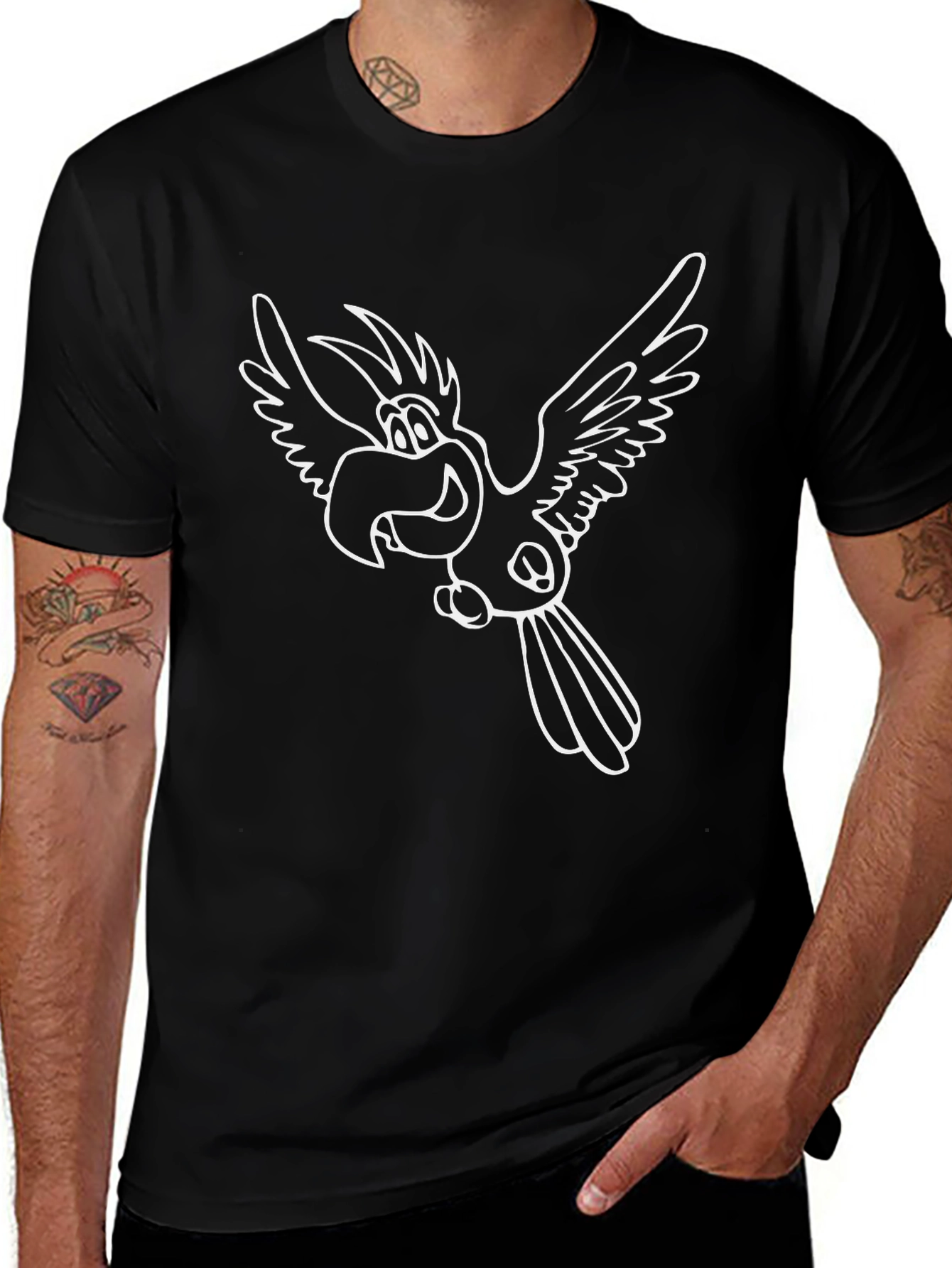Cartoon Parrot Graphic Tee - Black Crew Neck Casual Shirt