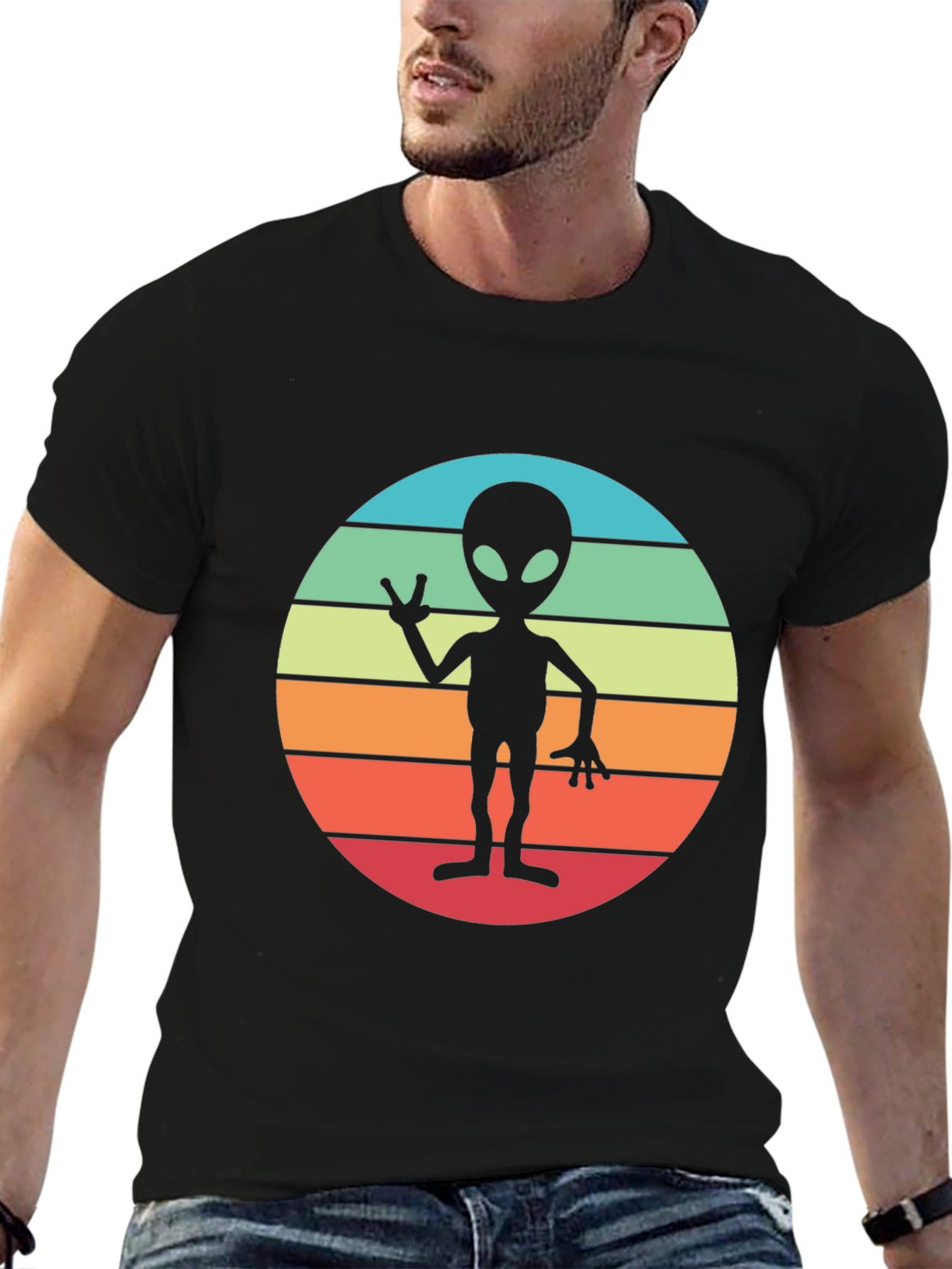 Retro Alien Sunset Graphic Tee - Black