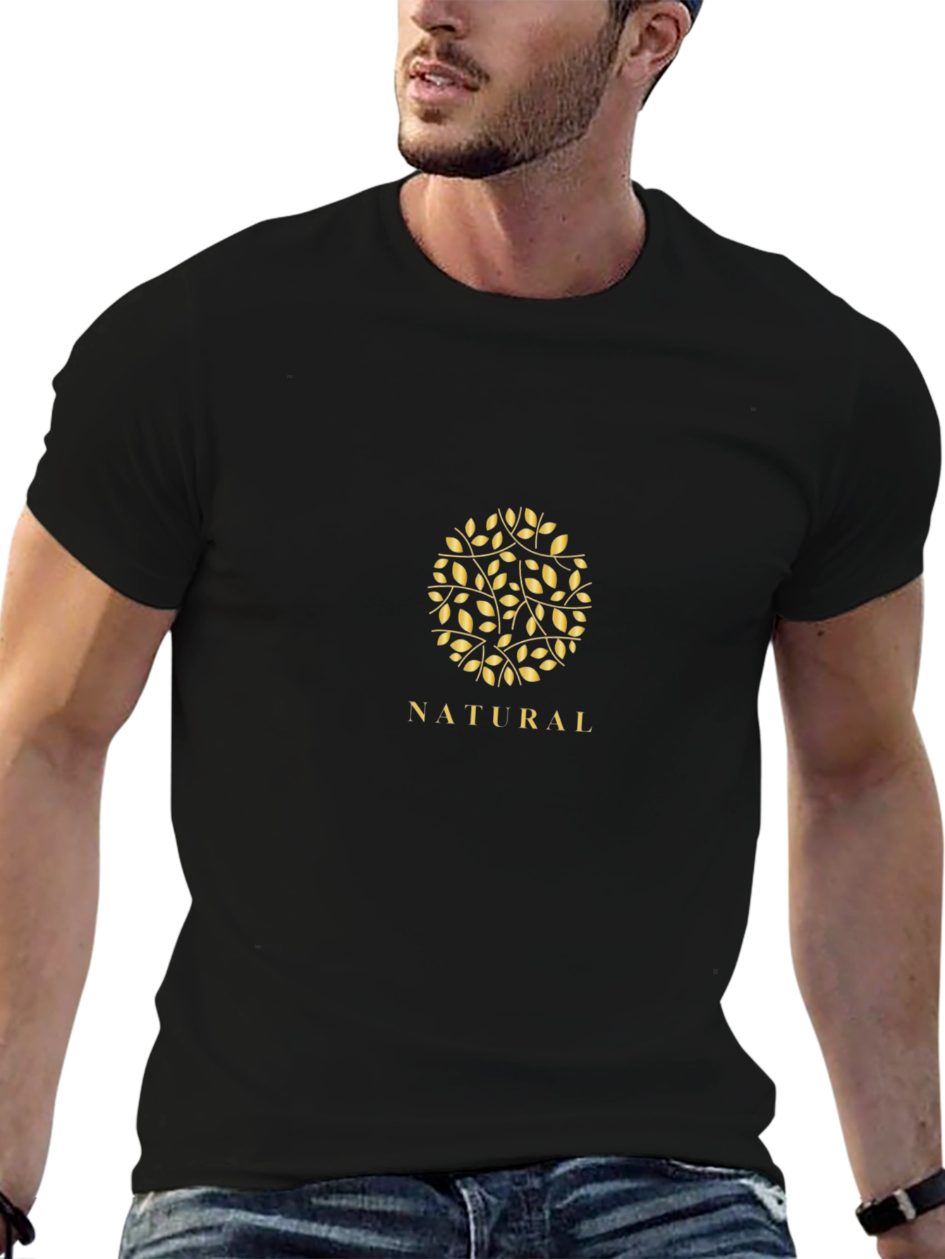 Natural Leaf Design Black T-Shirt