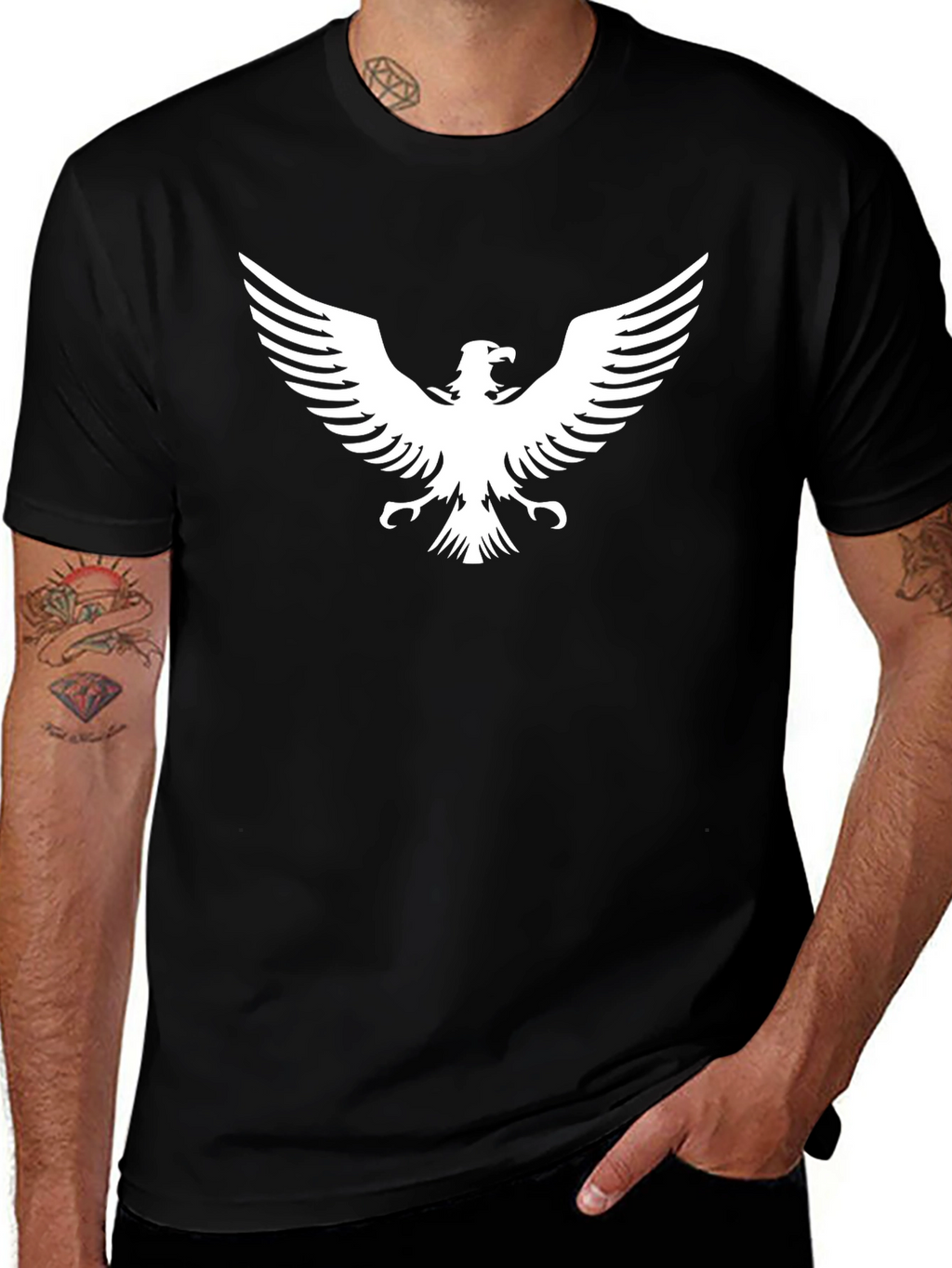 Black T-Shirt with White Eagle Graphic Print