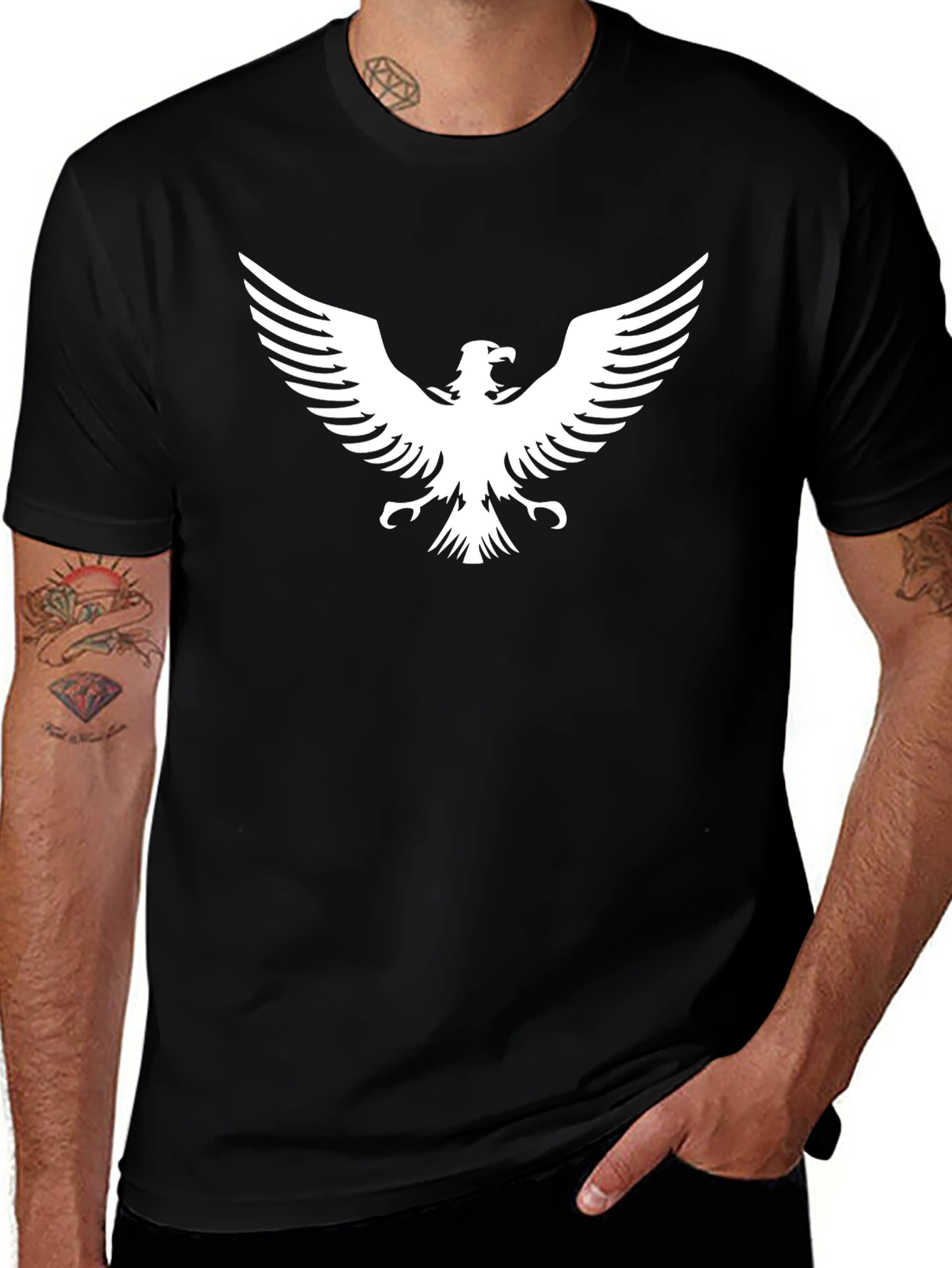 Black T-Shirt with White Eagle Graphic Print