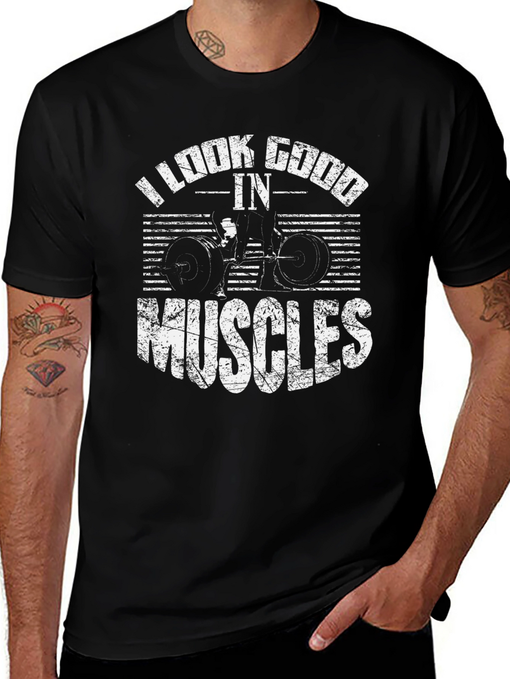 I Look Good In Muscles Black Graphic T-Shirt